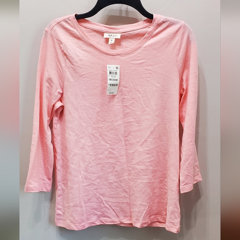 STYLE & CO LIGHT PINK HEATHERED SCOOP NECK 3/4 LENGTH SLEEVE BASIC COTTON TEE - Picture 2 of 7